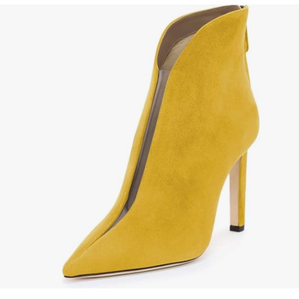 YDN Yellow High Heel Pointed Toe Ankle Boots Clear PVC Suede with Back Zipper